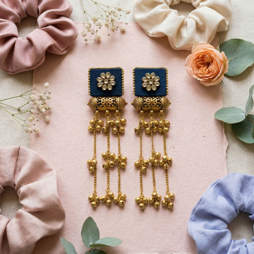 Blue Color Wooden Handcraft Kashmiri Earrings Elegant Cultural Ethnic Party Wear Jewelry Design - Blue