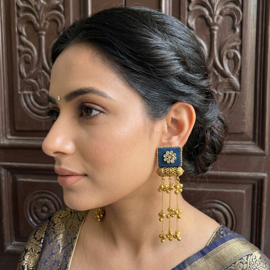 Blue Color Wooden Handcraft Kashmiri Earrings Elegant Cultural Ethnic Party Wear Jewelry Design - Blue