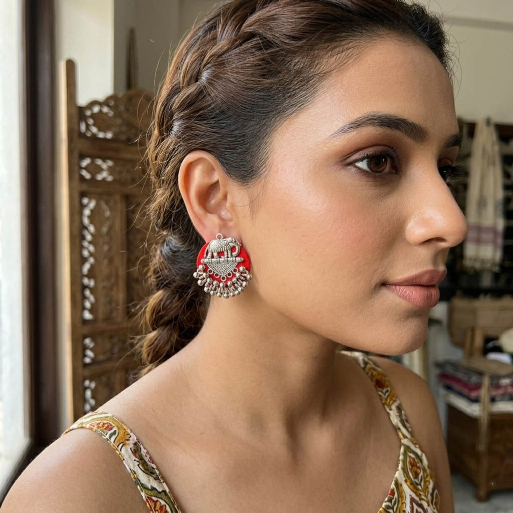 Orange Color Wooden Handcraft Earrings Bright Festive Ethnic Statement Jewelry Collection Design - Orange