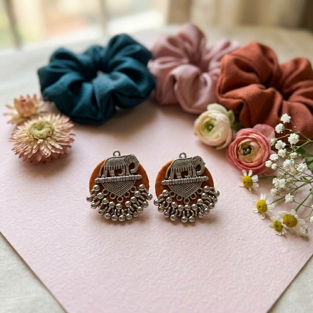 Orange Color Wooden Handcraft Earrings Bright Festive Ethnic Statement Jewelry Collection Design - Orange