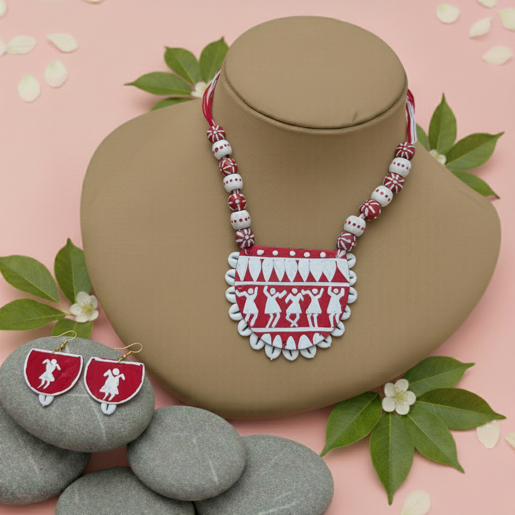 Red & White Color Wooden Handcraft Necklace Set For Cultural And Daily Wear - Red & White