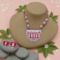 Red & White Color Wooden Handcraft Necklace Set For Cultural And Daily Wear - Red & White