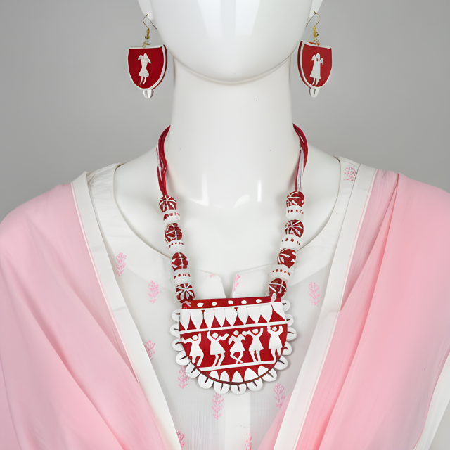 Red & White Color Wooden Handcraft Necklace Set For Cultural And Daily Wear - Red & White