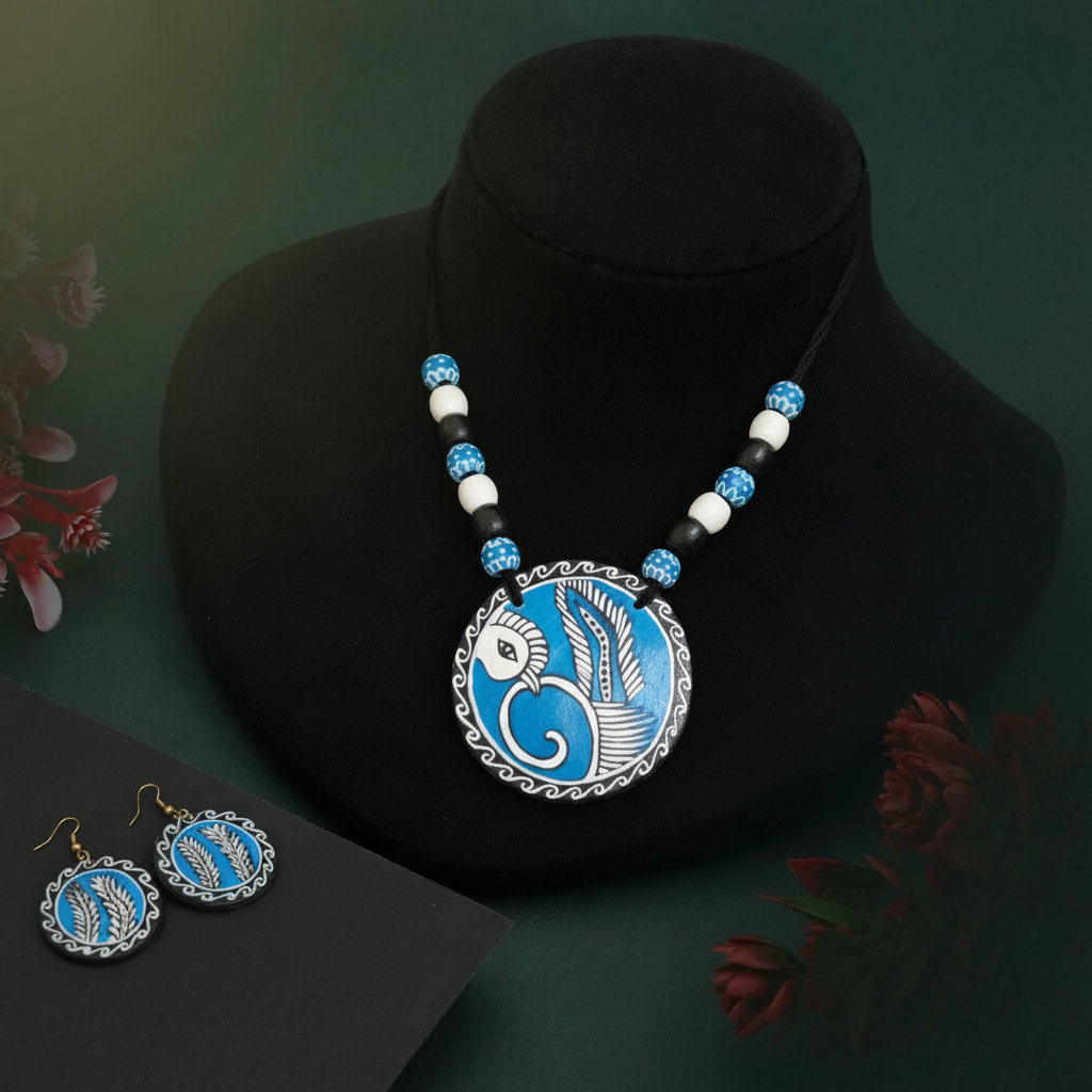 Elegant Blue & Black Color Wooden Handcraft Necklace Set For Classic Bohemian Look - Blue & Black