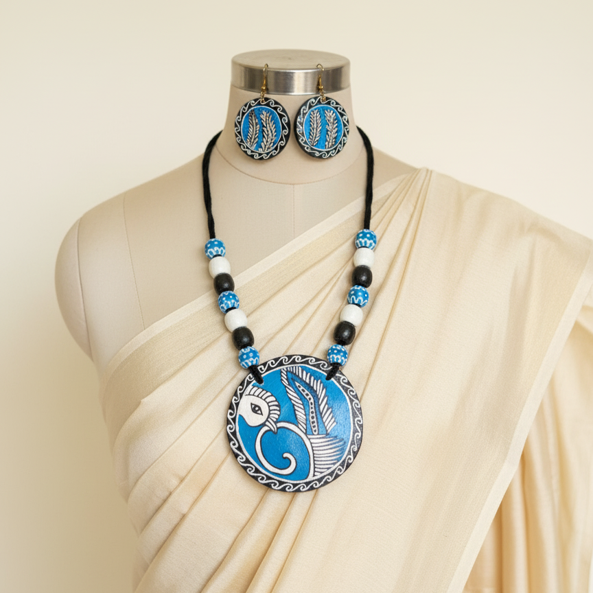 Elegant Blue & Black Color Wooden Handcraft Necklace Set For Classic Bohemian Look - Blue & Black