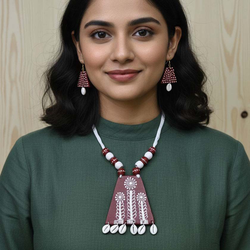Maroon & White Color Wooden Handcraft Necklace Set With Traditional Handmade Wooden Charm Beads - Maroon & White