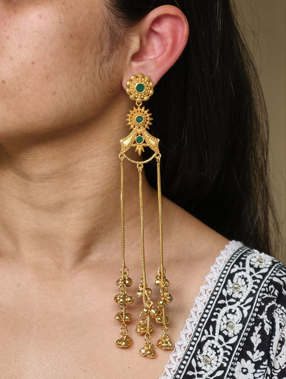 Gold Plated Kashmiri Earrings with Beautiful Stone Work | Traditional Ethnic Dangler Jewelry