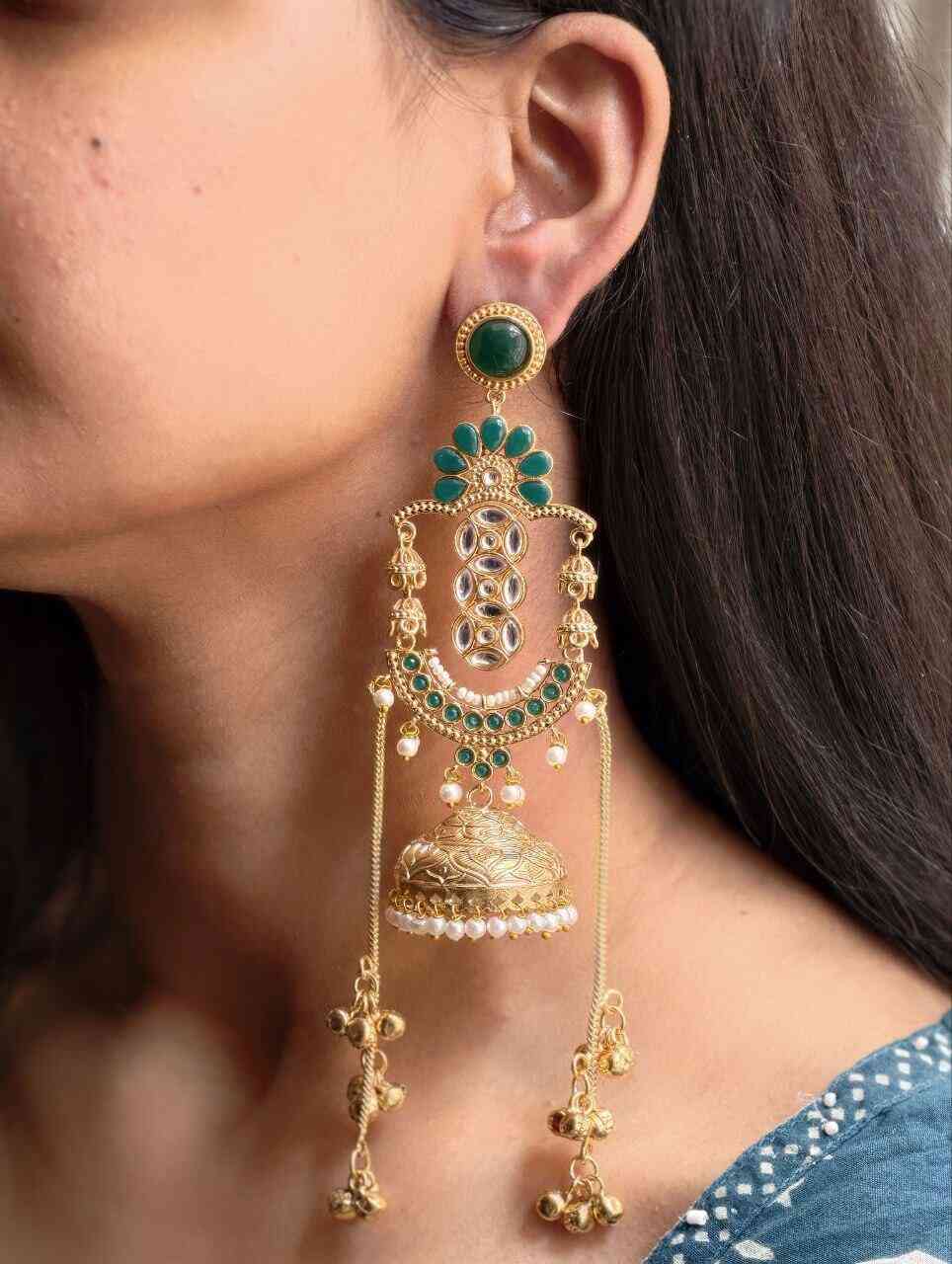 Premium Long Kashmiri Jhumka Earrings with Traditional Adorable Designs- Green