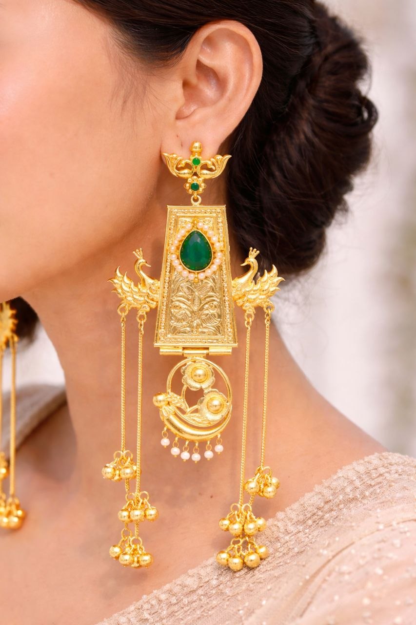 Traditional Kashmiri Earring Peacock Design With Elegant Pearl Work Detailing- Green