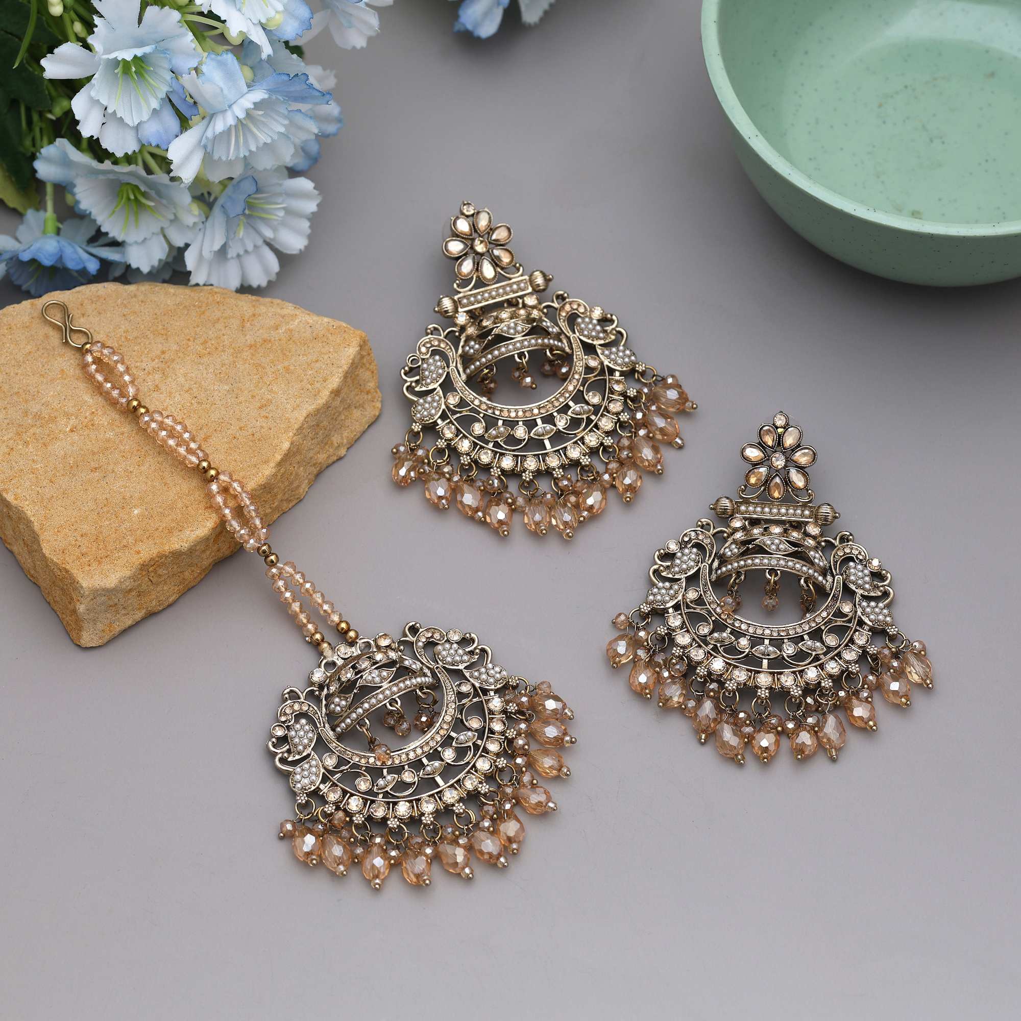 Gold Color Kundan Earrings Tikka Set With Beautiful Traditional Bridal Inspired Design - Gold