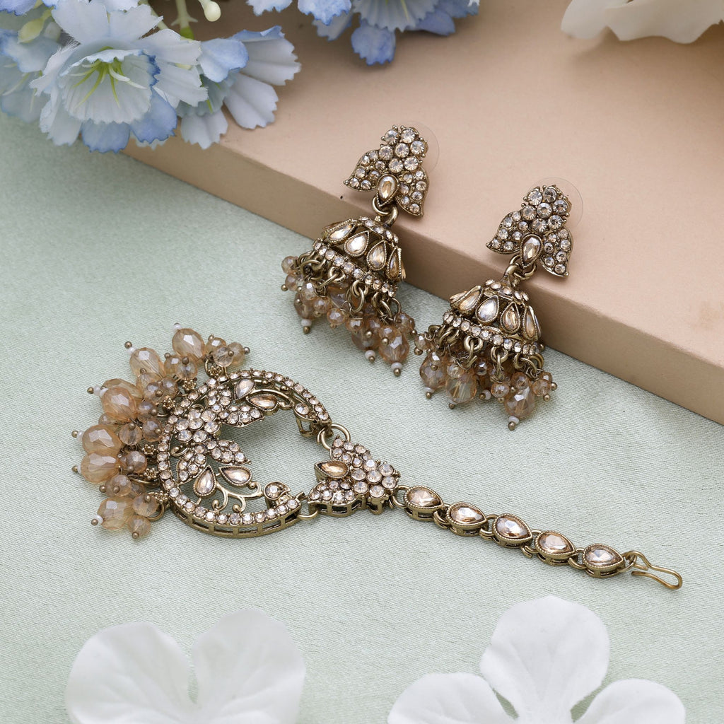 Gold Color Kundan Earrings Tikka Set With Elegant Wedding Ready Kundan Earrings