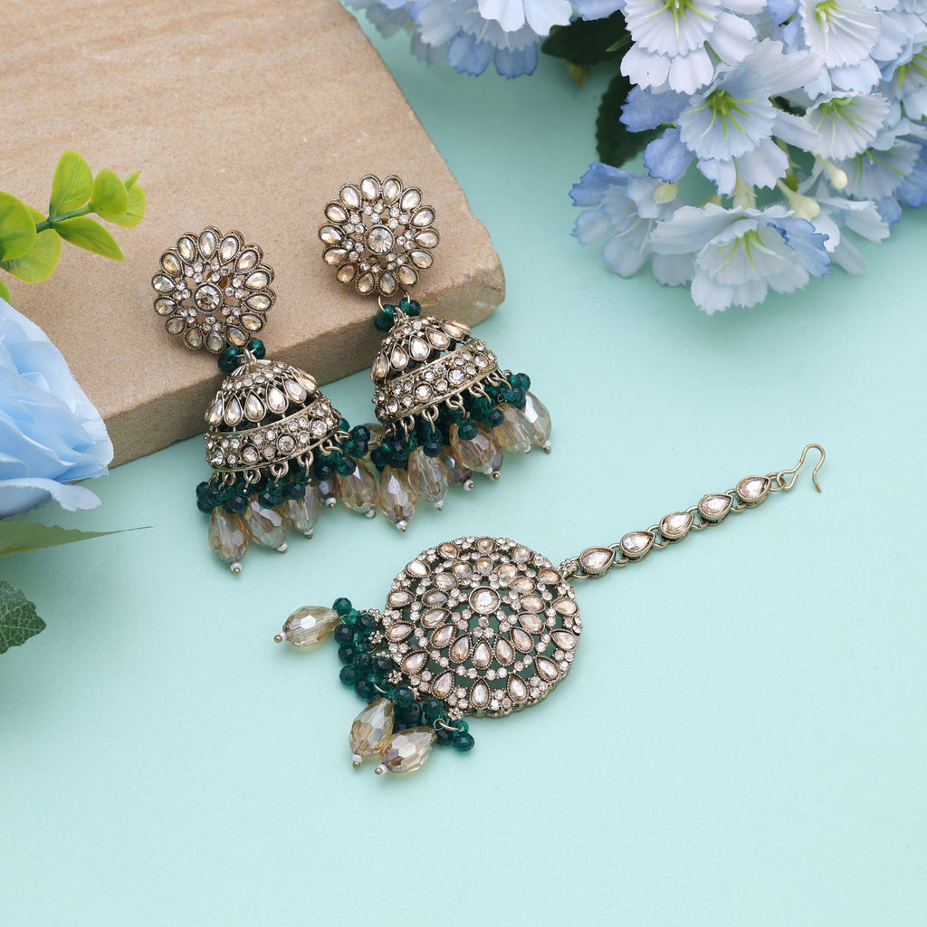 Green Color Kundan Earrings Tikka Set Designed For Elegant Ethnic Kundan Earrings Wear - Green