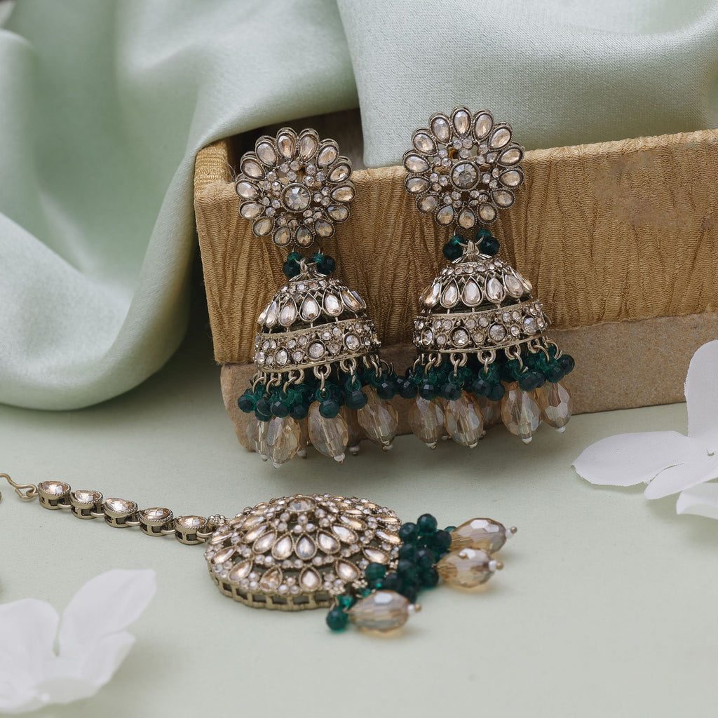 Green Color Kundan Earrings Tikka Set Designed For Elegant Ethnic Kundan Earrings Wear - Green