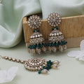 Green Color Kundan Earrings Tikka Set Designed For Elegant Ethnic Kundan Earrings Wear - Green