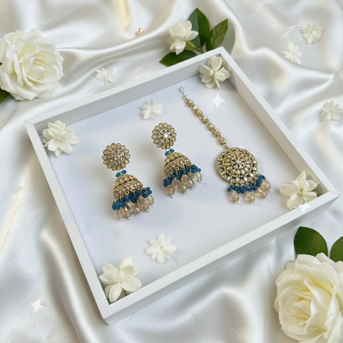 Turquoise Blue Color Kundan Earrings Tikka Set With Classic Festive Kundan Earrings - Tturquoise Blue