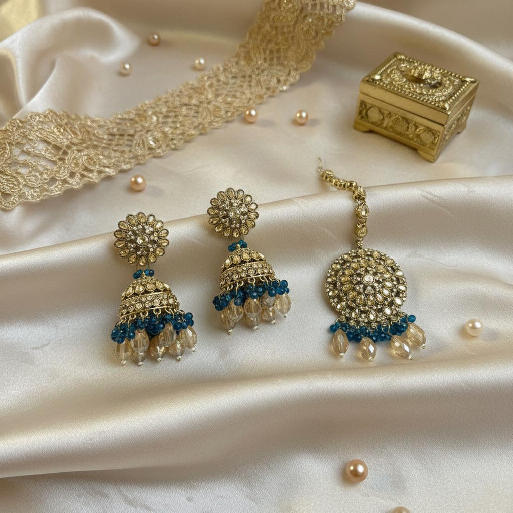 Turquoise Blue Color Kundan Earrings Tikka Set With Classic Festive Kundan Earrings - Tturquoise Blue