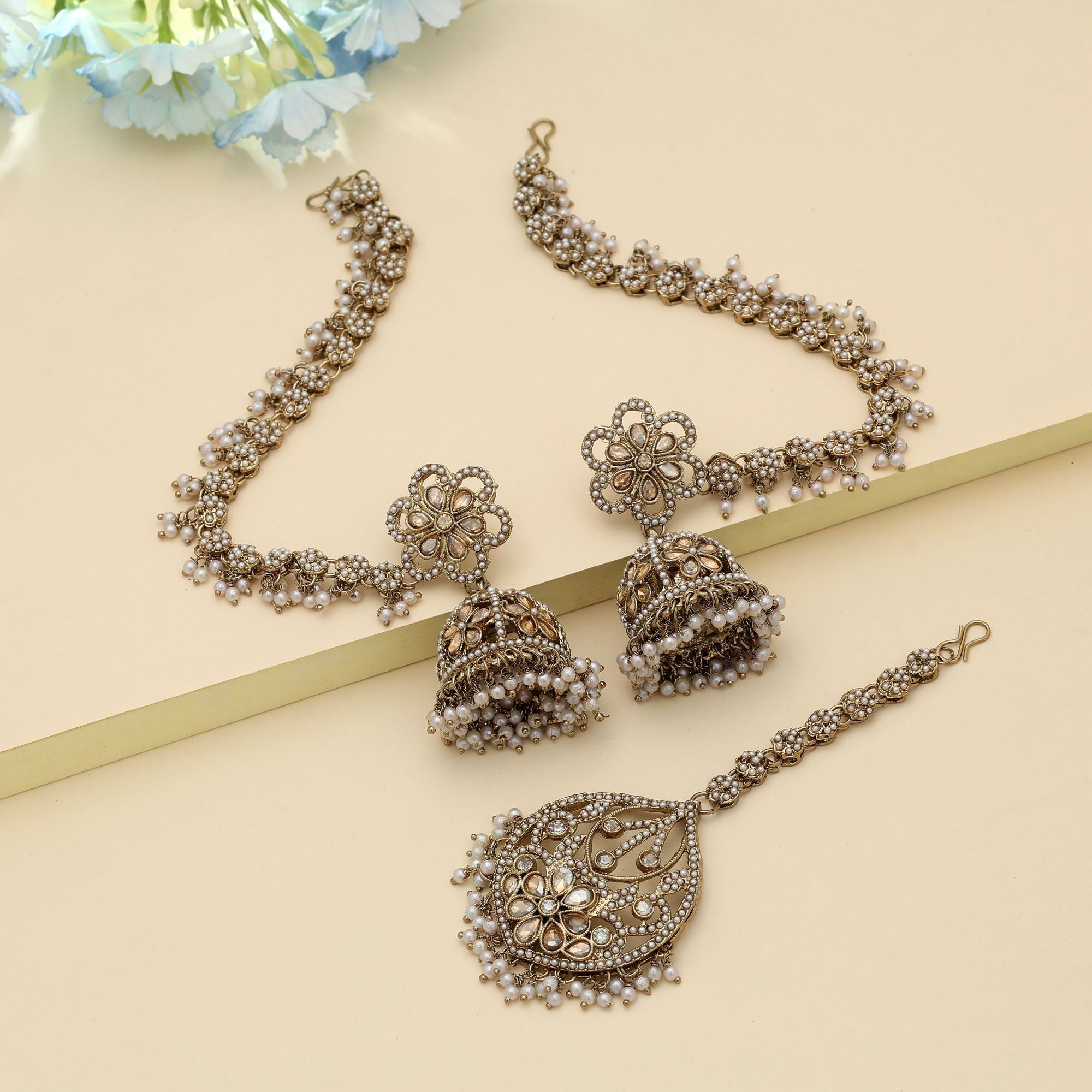Gold Color Big Size Jhumka Kundan Earrings Tikka Set Elegant Traditional Party Wear Jewelry - Gold