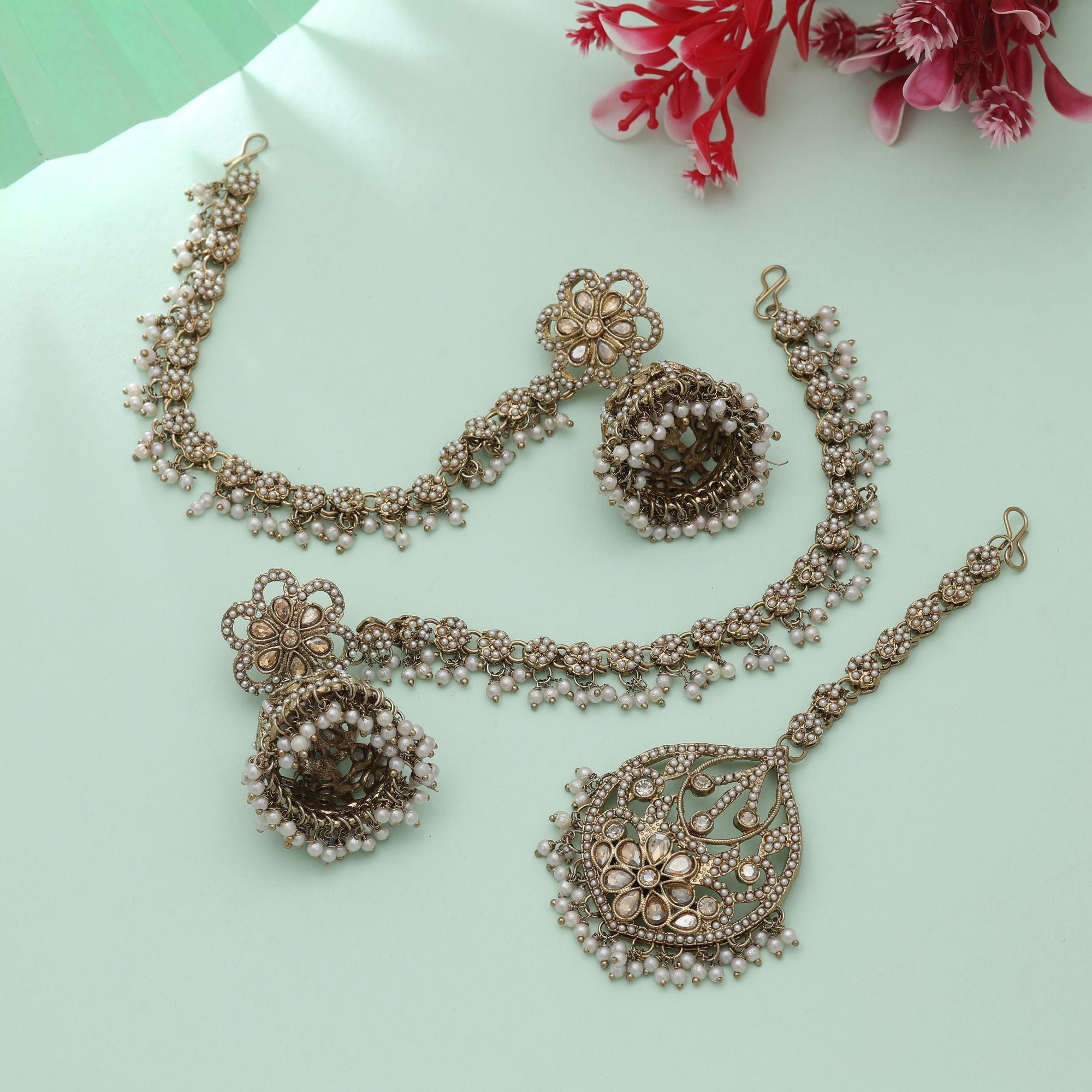 Gold Color Big Size Jhumka Kundan Earrings Tikka Set Elegant Traditional Party Wear Jewelry - Gold
