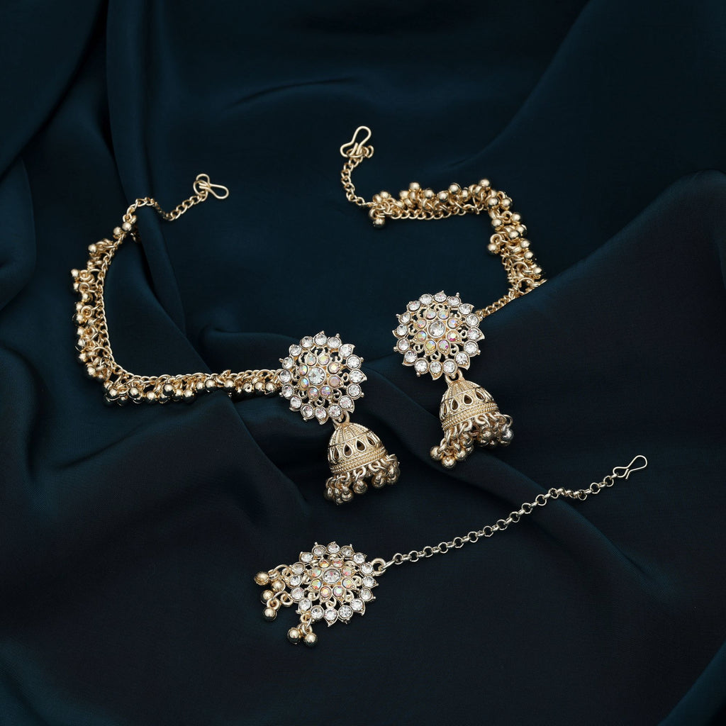 White Color Kundan Earrings Tikka Set Classic Traditional Wedding Wear Jewelry Set - White