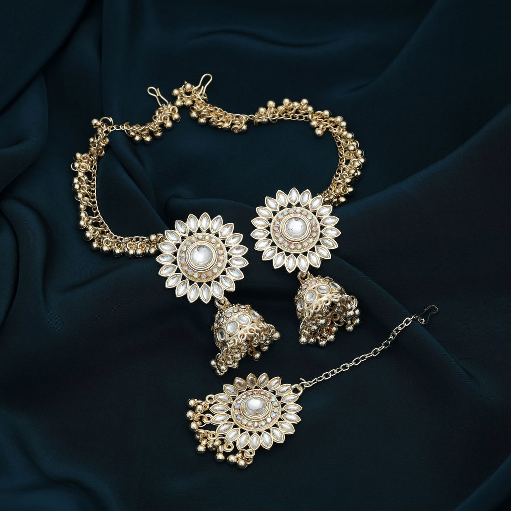 White Color Kundan Earrings Tikka Set Stylish Ethnic Party Wear Jewelry Collection - White