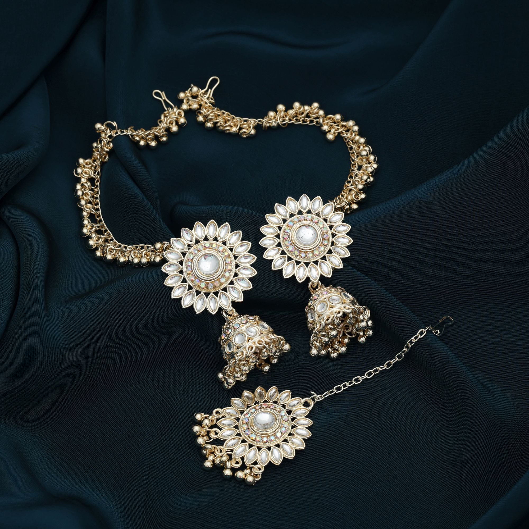 White Color Kundan Earrings Tikka Set Stylish Ethnic Party Wear Jewelry Collection - White