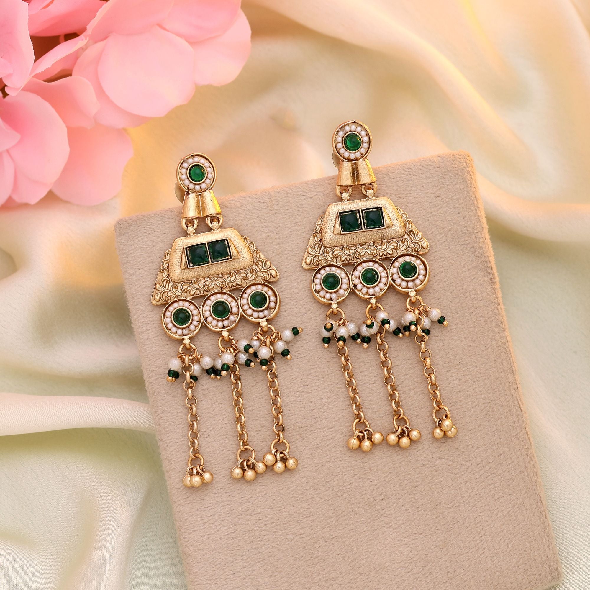 Green Color Matte Gold Earrings Inspired By Temple Jewellery Traditional Indian Aesthetics - Green