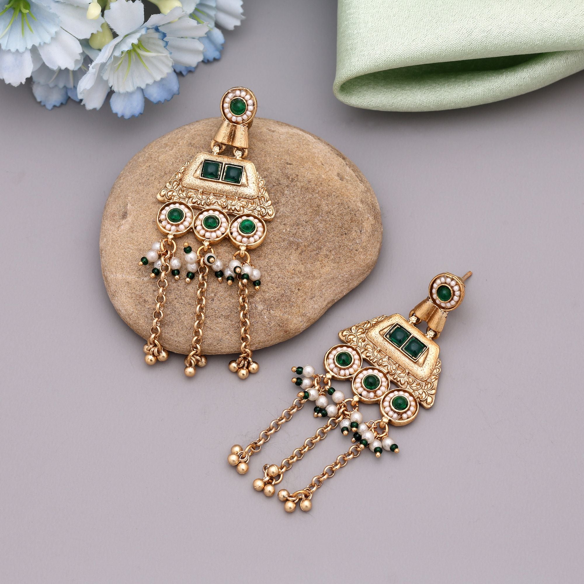 Green Color Matte Gold Earrings Inspired By Temple Jewellery Traditional Indian Aesthetics - Green