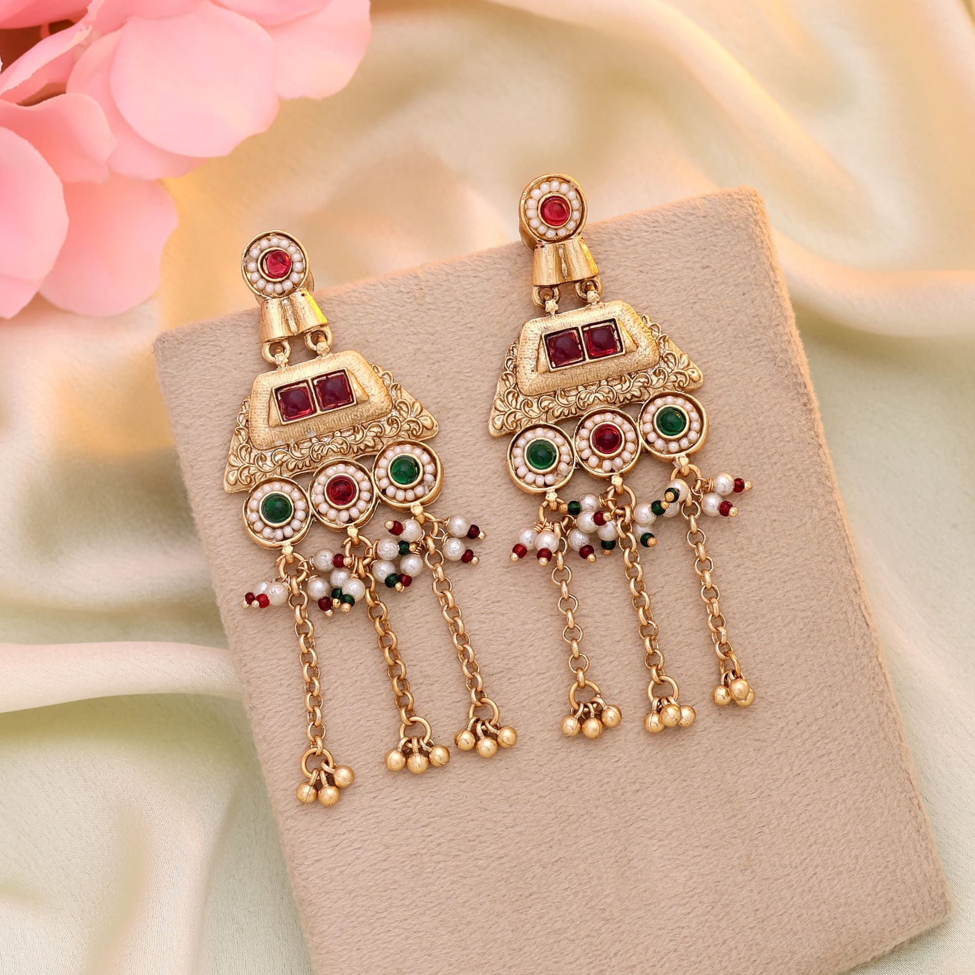 Rani & Green Color Matte Gold Earrings Showcasing Heritage Artistry With Bold Color Contrast - Rani & Green
