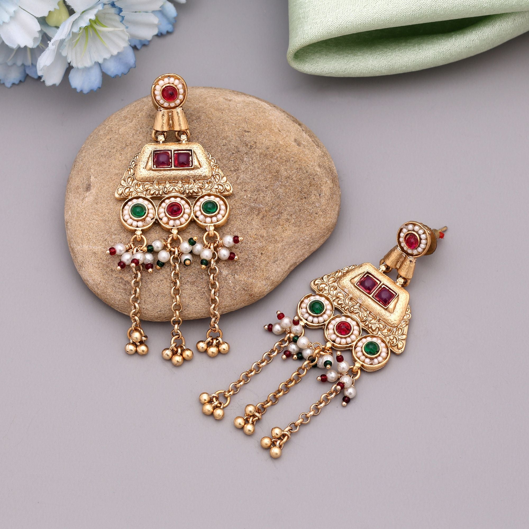 Rani & Green Color Matte Gold Earrings Showcasing Heritage Artistry With Bold Color Contrast - Rani & Green