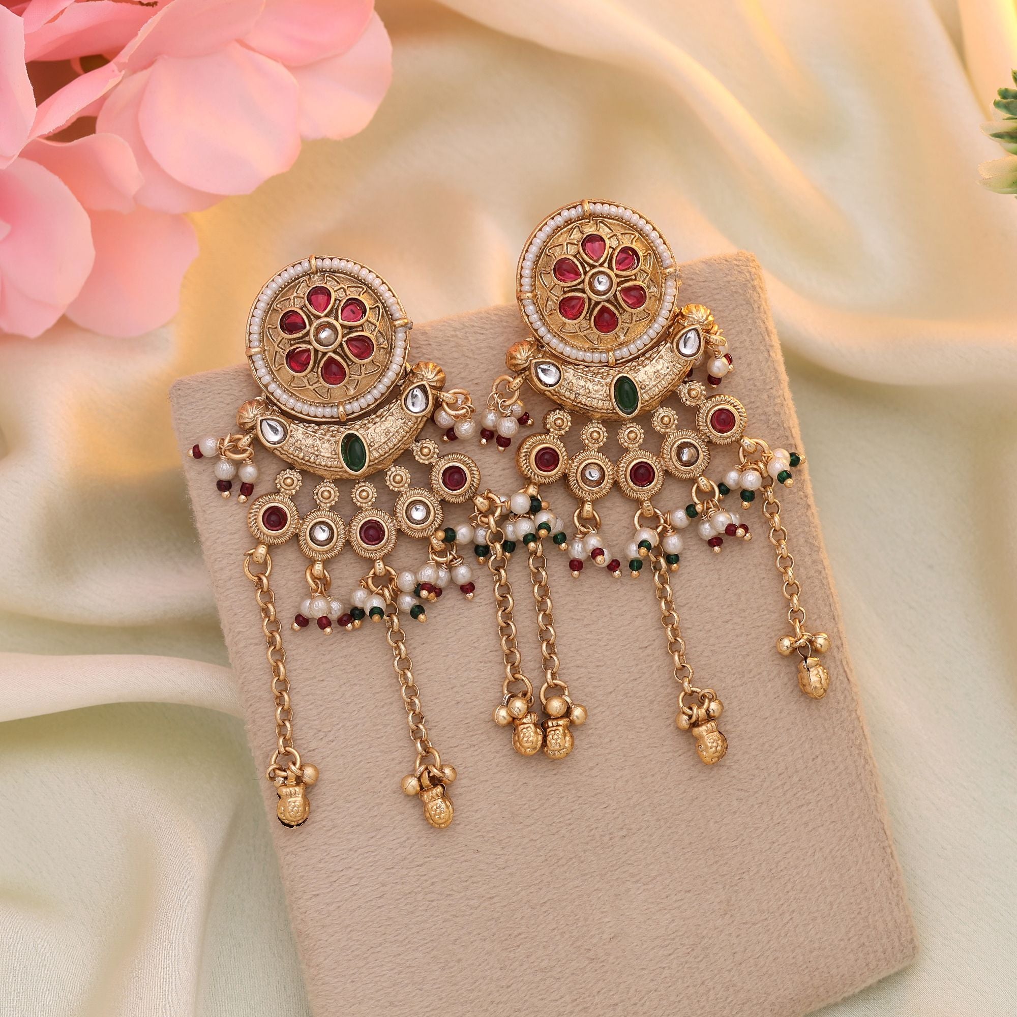 Rani & Green Color Matte Gold Earrings Perfect For Traditional Functions And Weddings - Rani & Green
