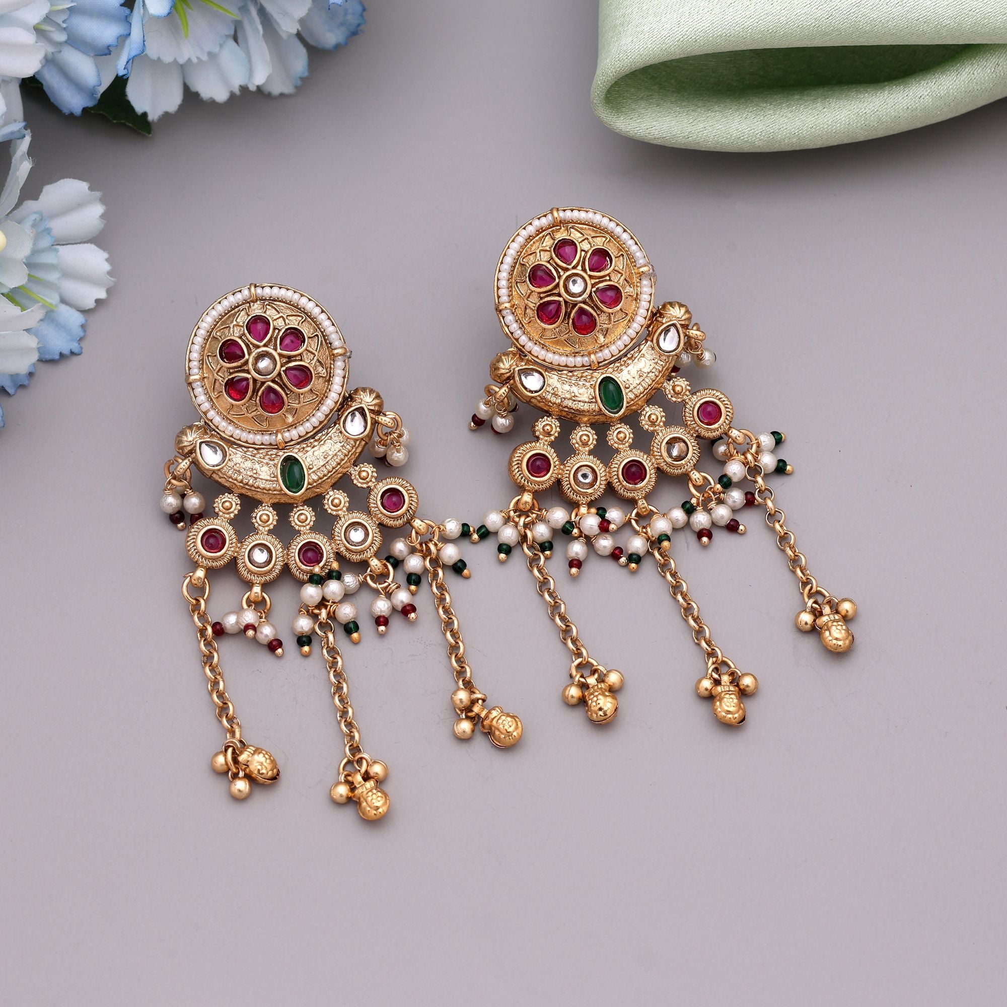 Rani & Green Color Matte Gold Earrings Perfect For Traditional Functions And Weddings - Rani & Green