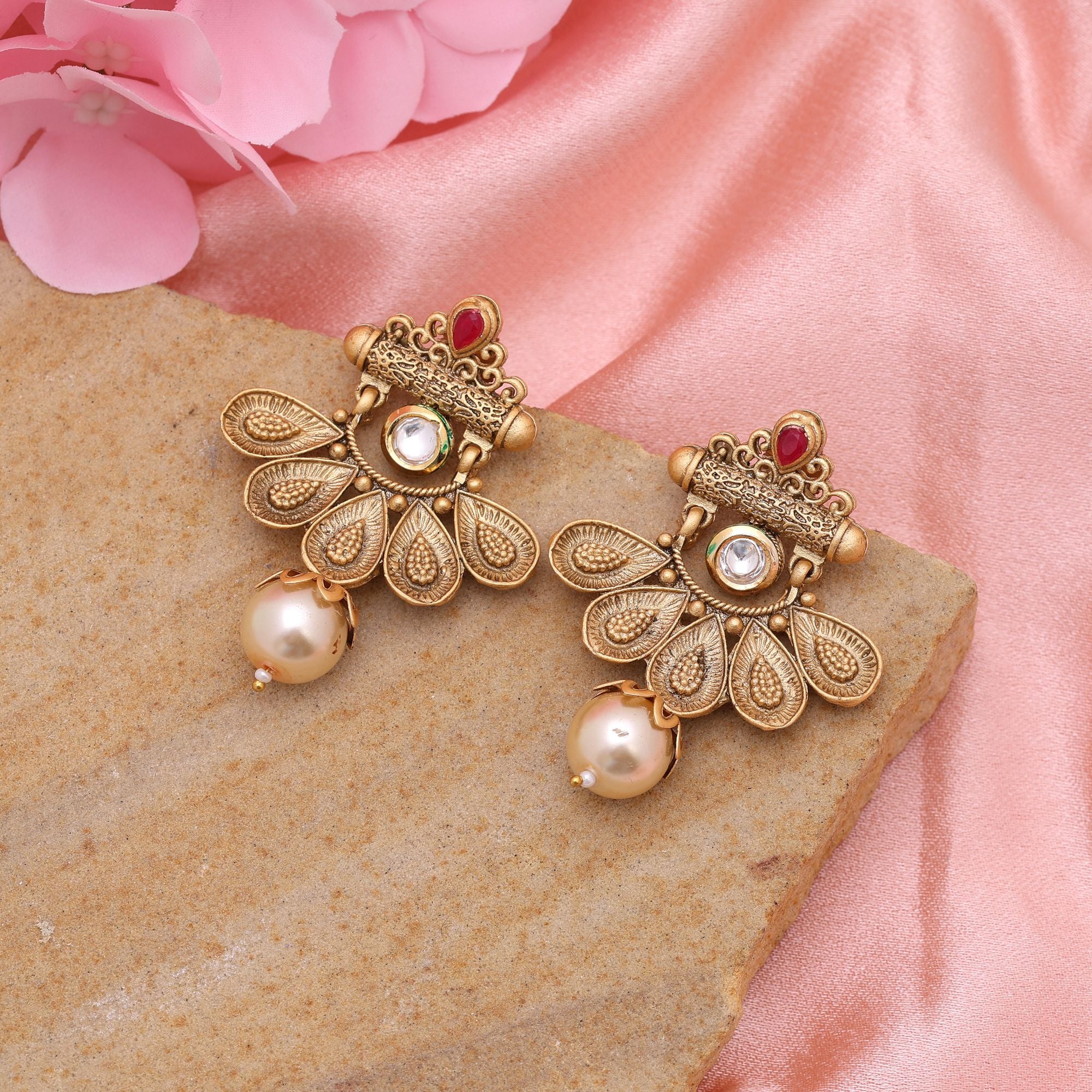 Rani Color Matte Gold Earrings Highlighting Cultural Elegance And Detailed Metal Artistry - Rani