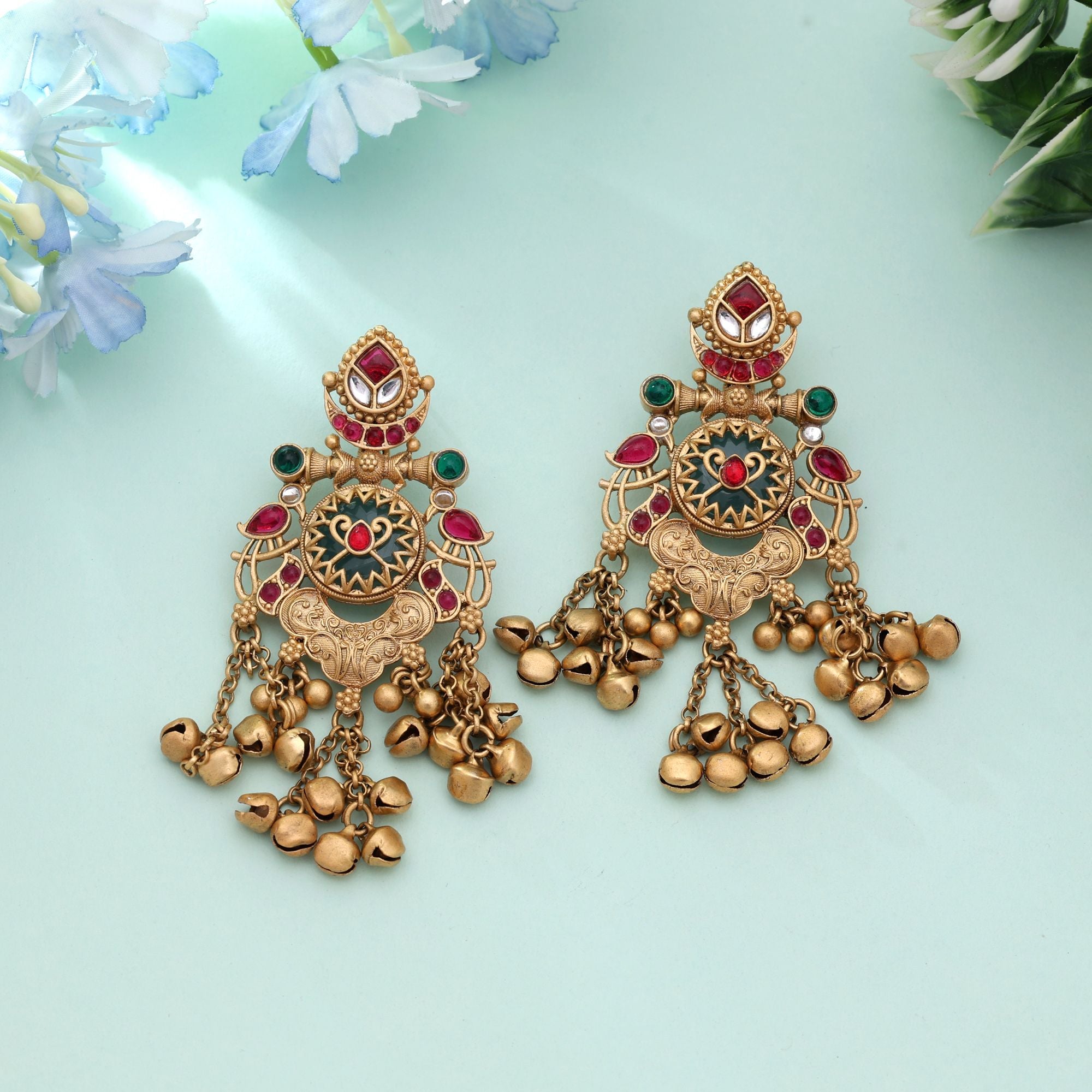 Rani & Green Color Traditional Party Wear Matte Gold Earrings For Women