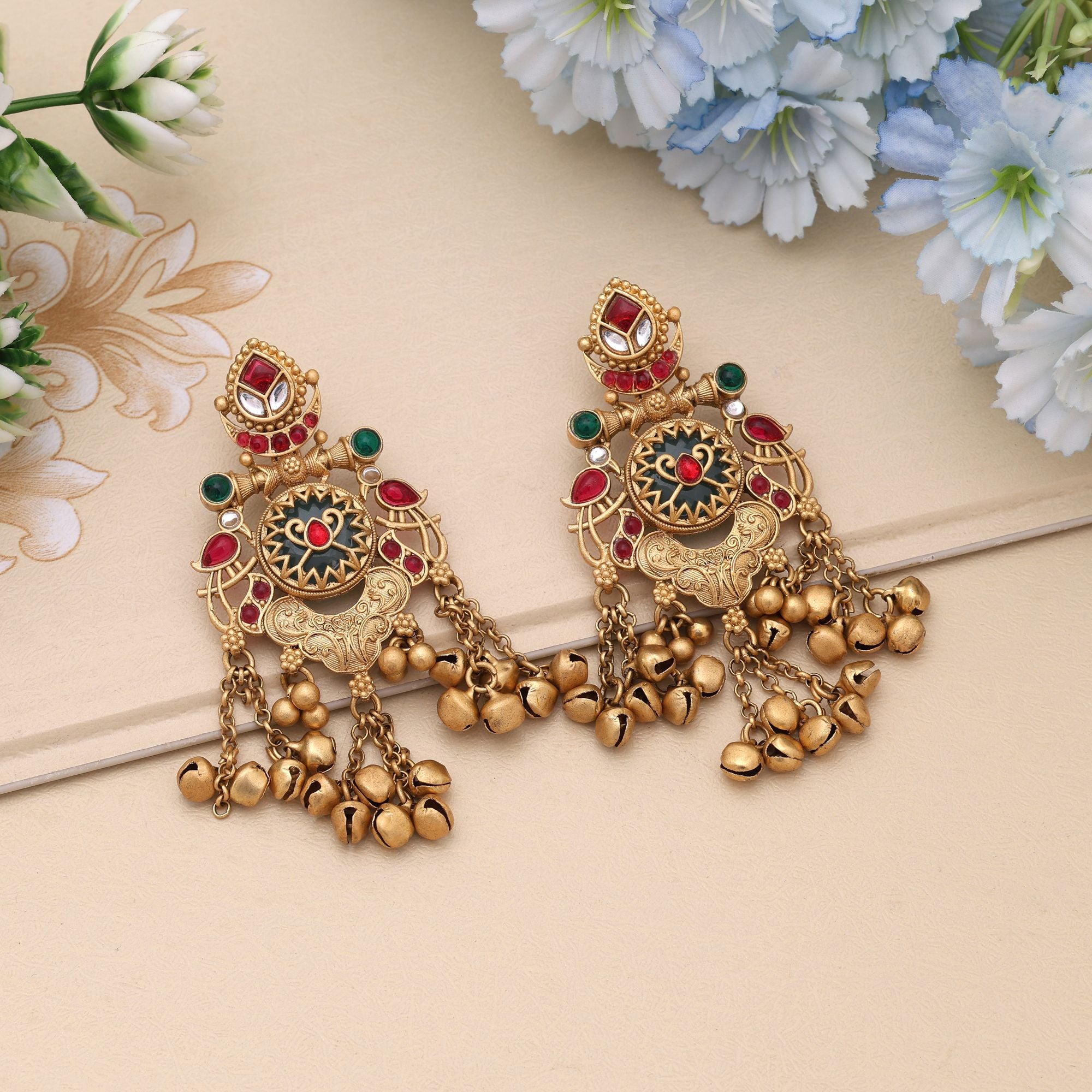Rani & Green Color Traditional Party Wear Matte Gold Earrings For Women