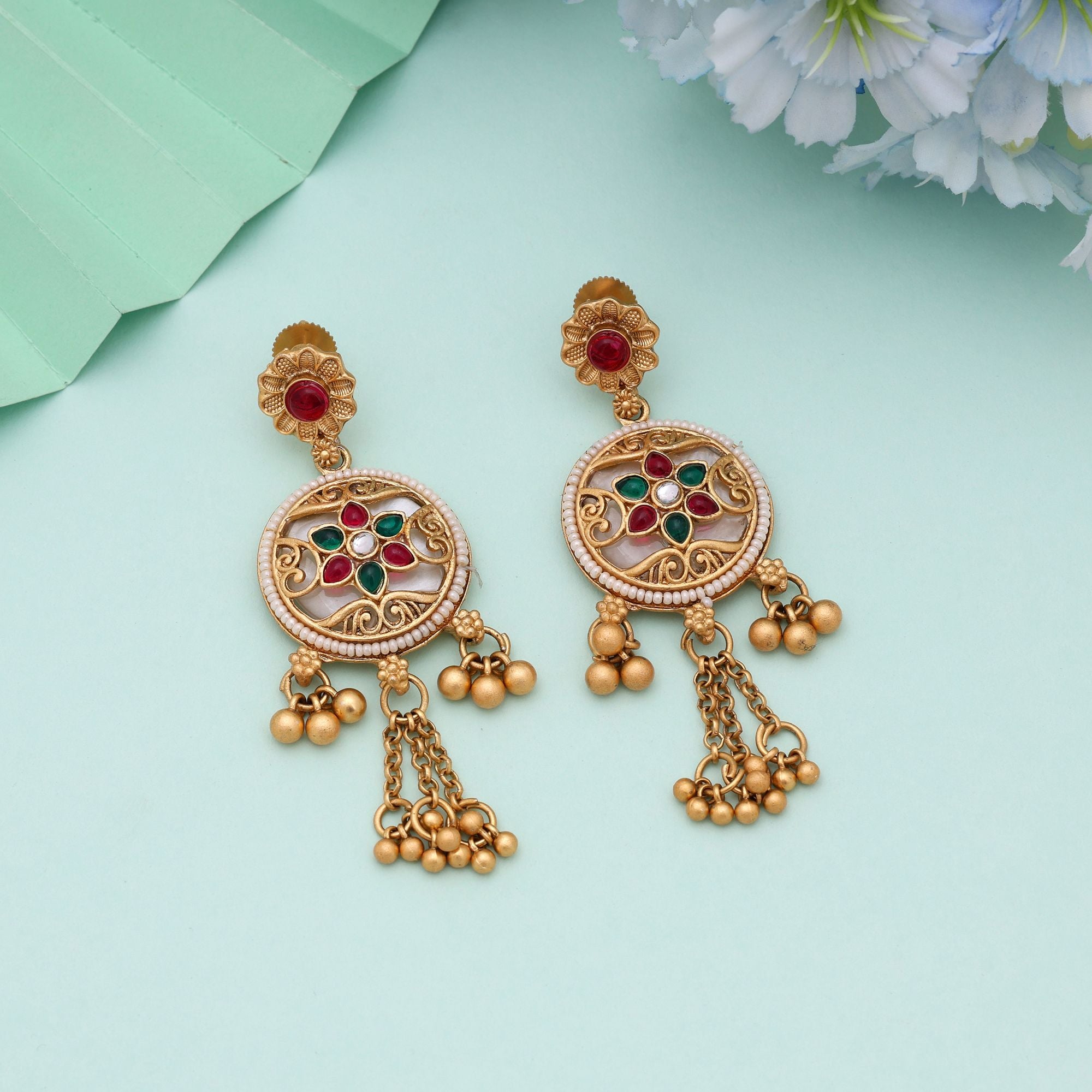 Rani & Green Color Elegant Festive Collection Matte Gold Earrings