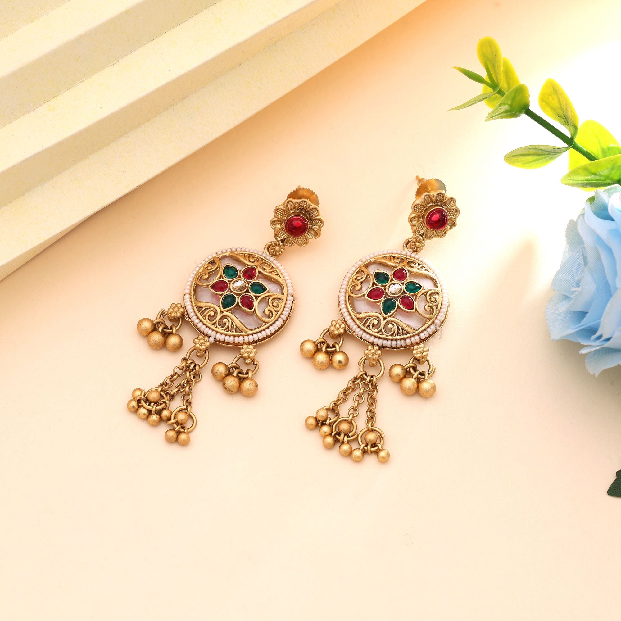 Rani & Green Color Elegant Festive Collection Matte Gold Earrings