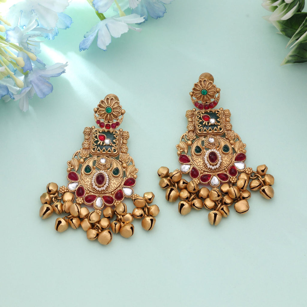 Rani & Green Color Royal Statement Matte Gold Earrings