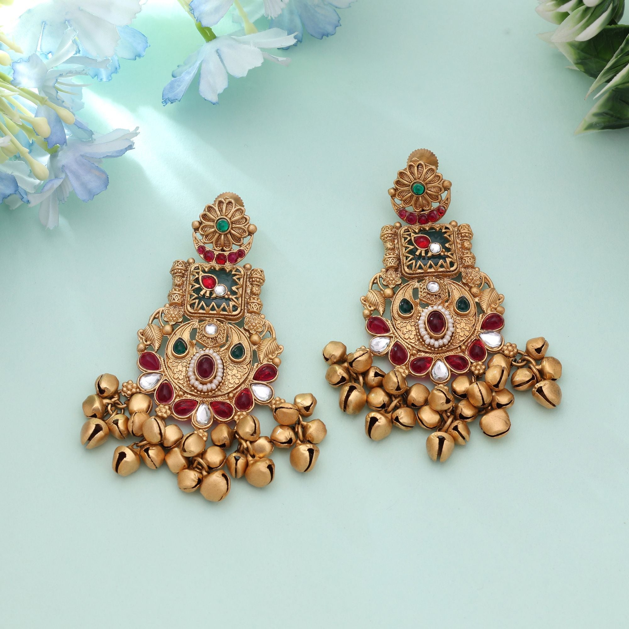 Rani & Green Color Royal Statement Matte Gold Earrings