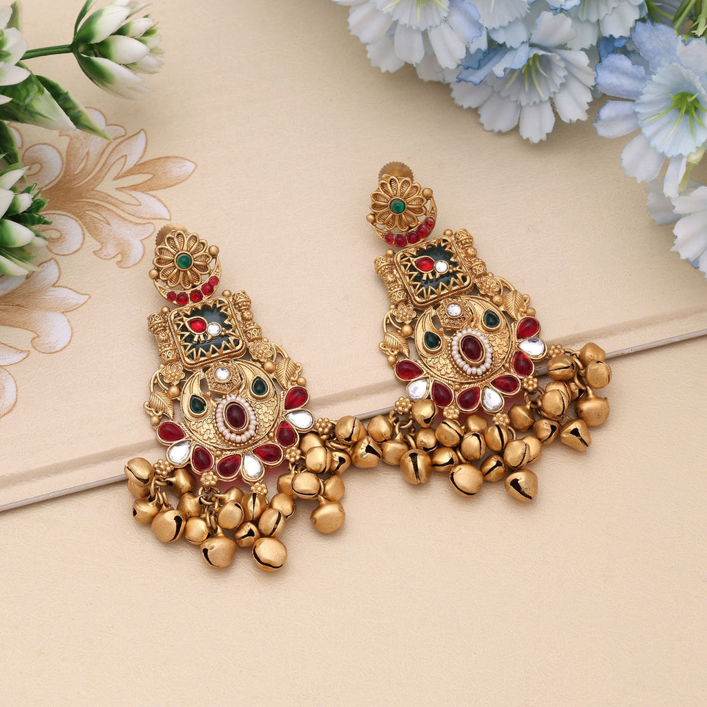 Rani & Green Color Royal Statement Matte Gold Earrings