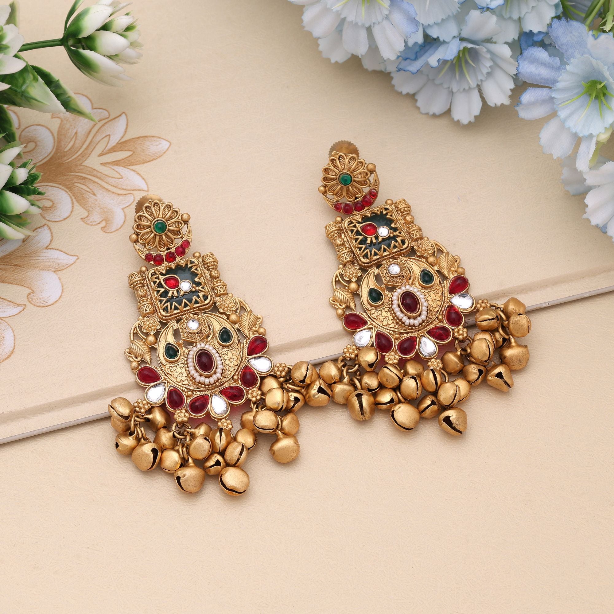 Rani & Green Color Royal Statement Matte Gold Earrings