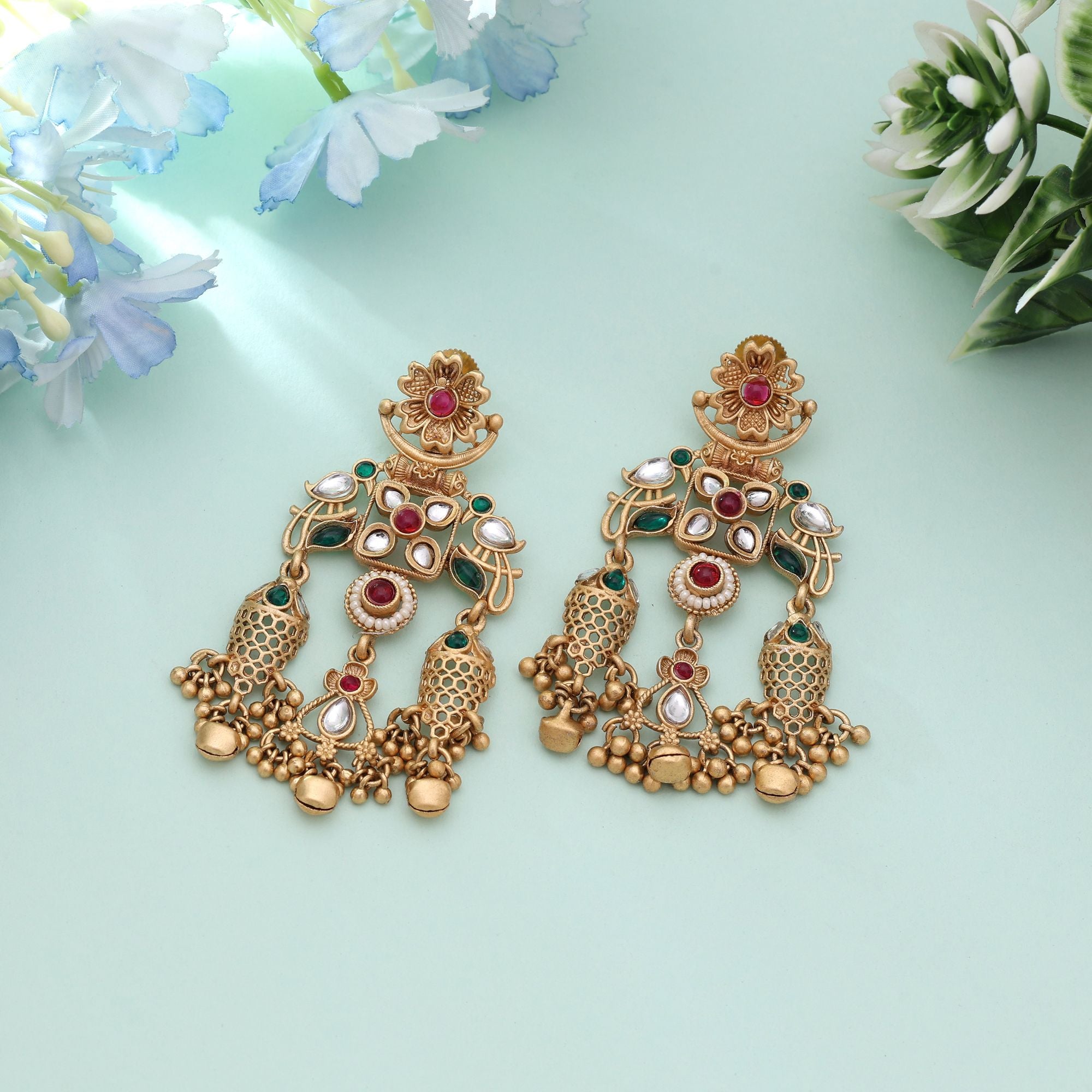 Rani & Green Color Festive Designer Matte Gold Earrings - Rani & Green