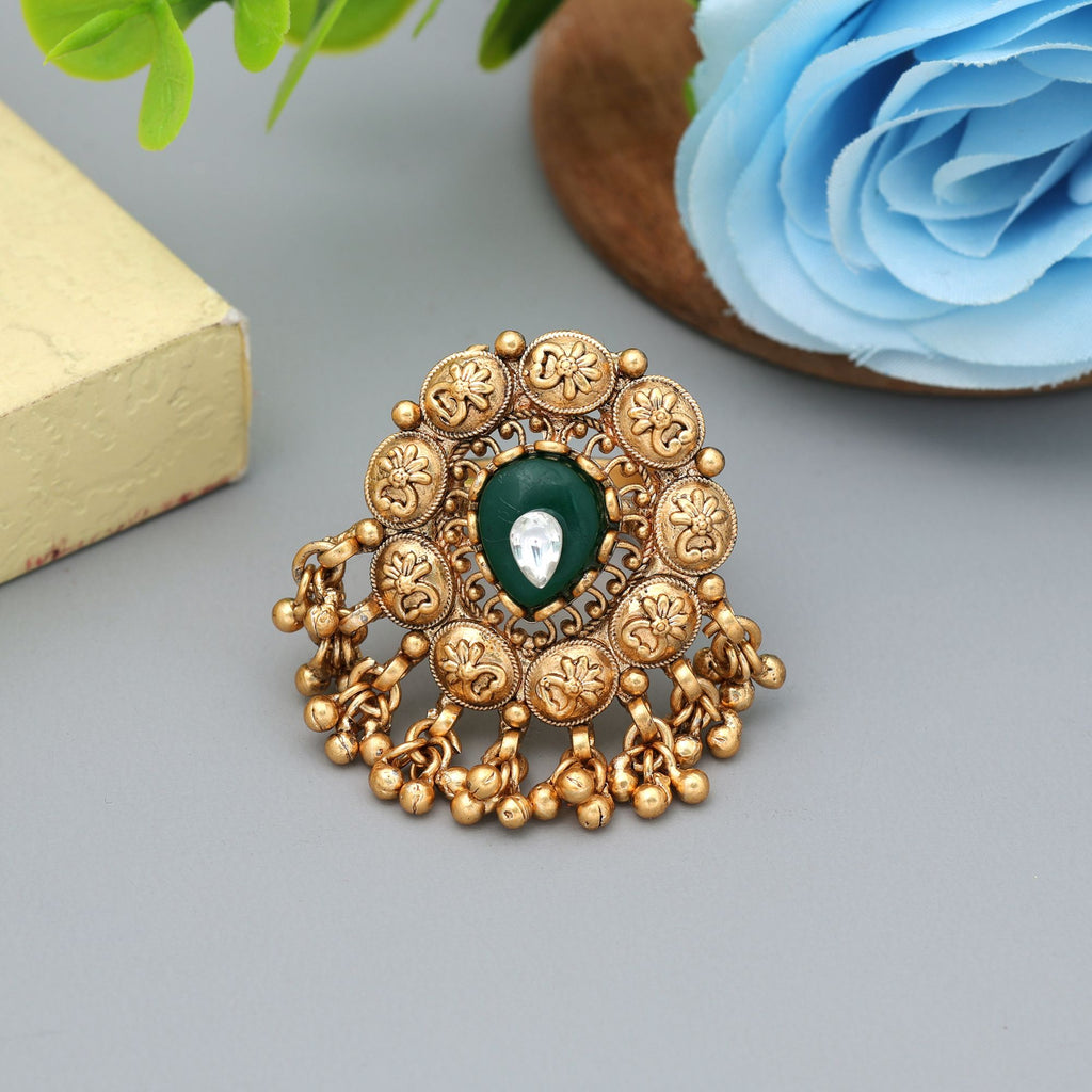 Green Color Matte Gold Rings Classic Traditional Jewelry Design - Green