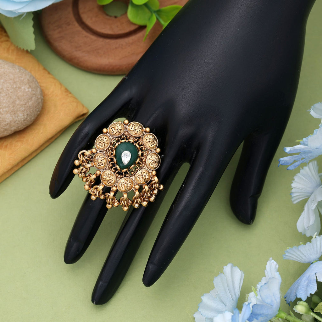 Green Color Matte Gold Rings Classic Traditional Jewelry Design - Green