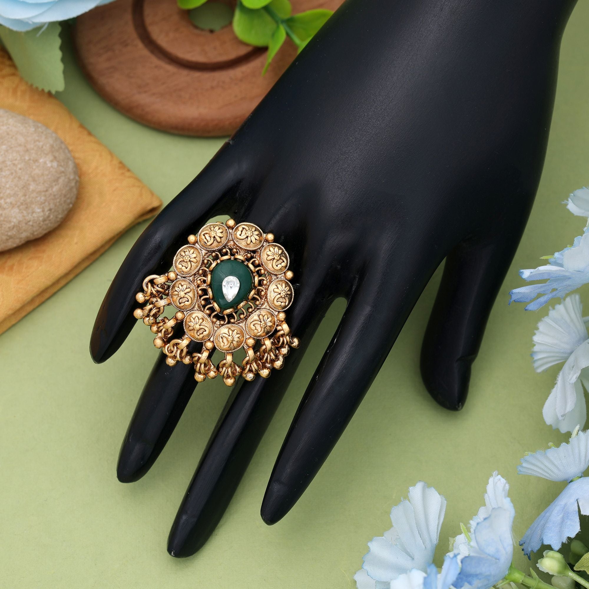 Green Color Matte Gold Rings Classic Traditional Jewelry Design - Green