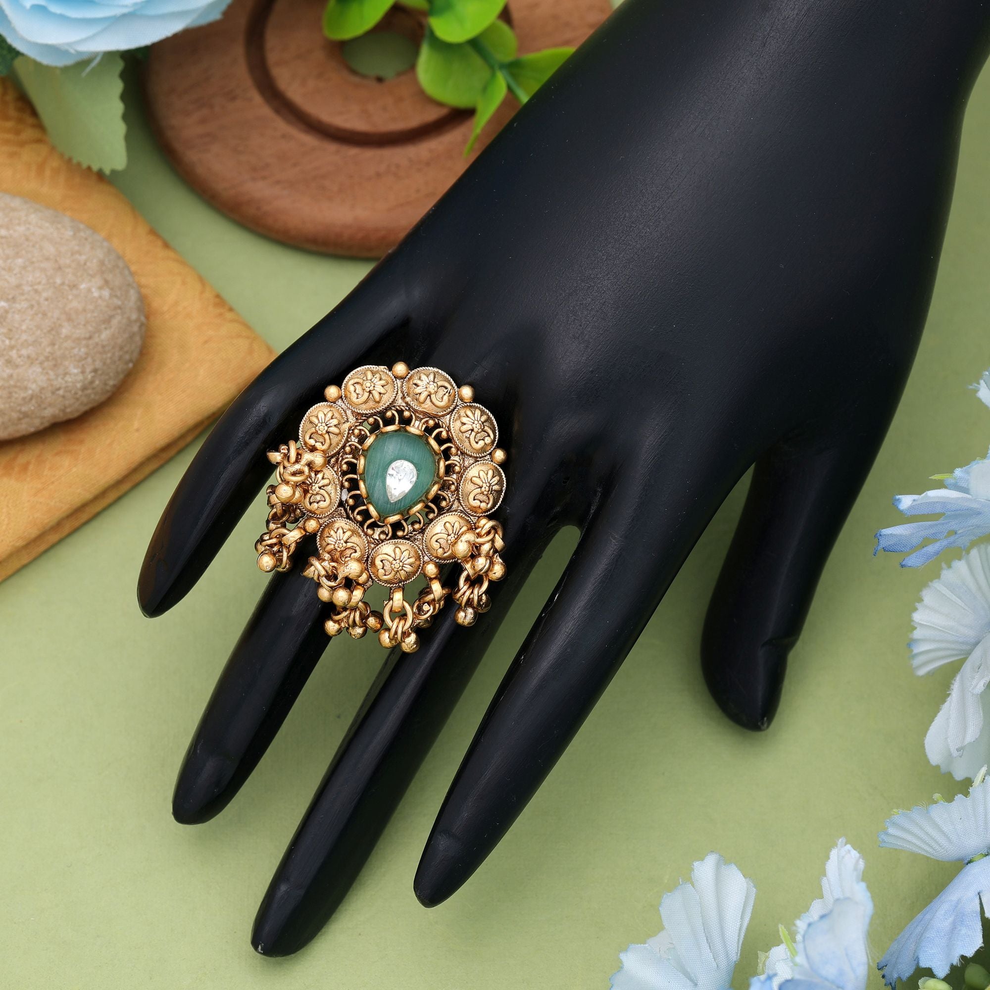 Pista Green Color Matte Gold Rings Stylish Ethnic Designer Jewelry - Pista Green