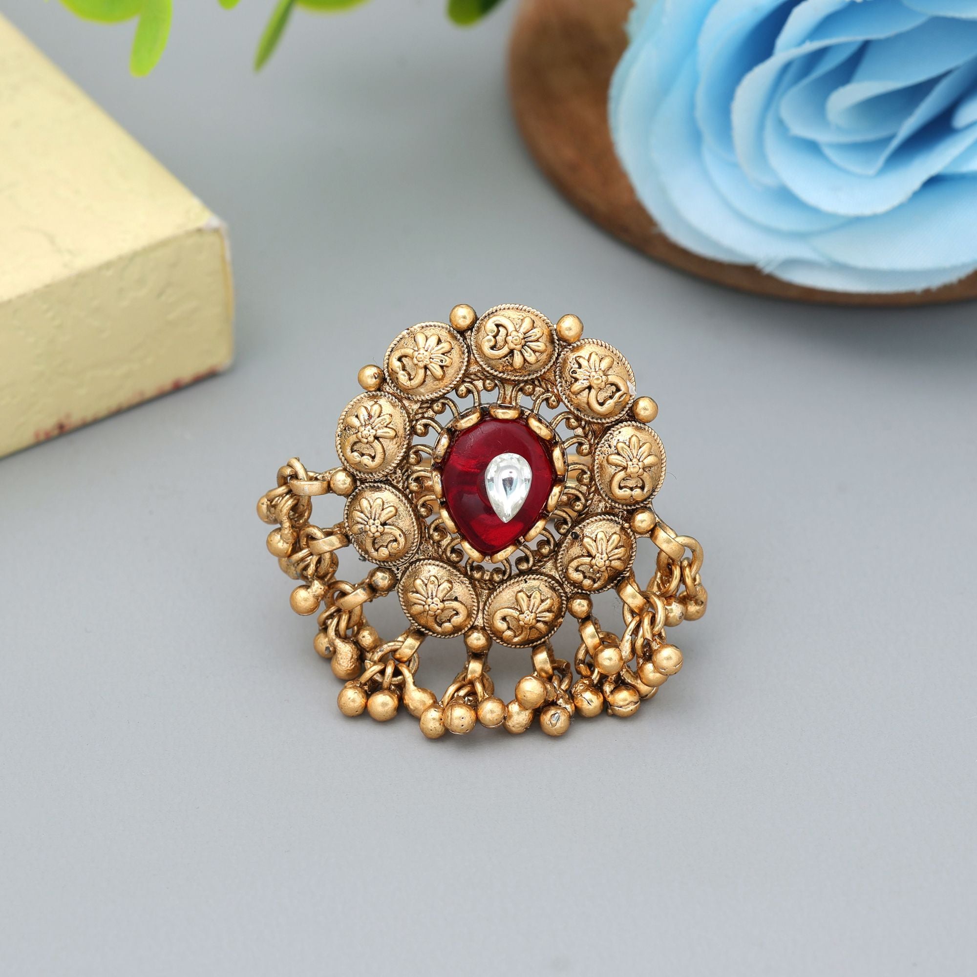 Red Color Matte Gold Rings Elegant Festive Statement Jewelry - Red
