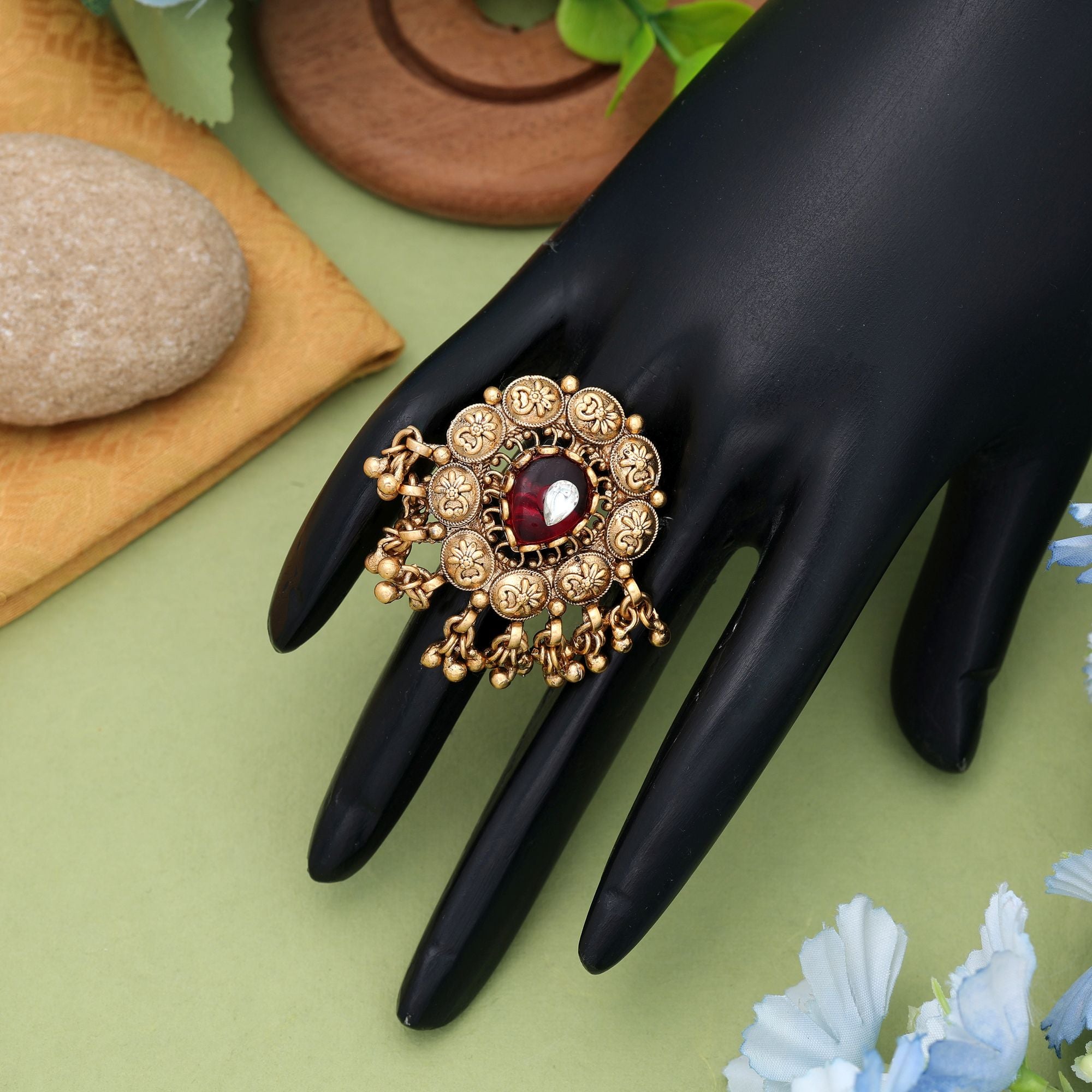 Red Color Matte Gold Rings Elegant Festive Statement Jewelry - Red