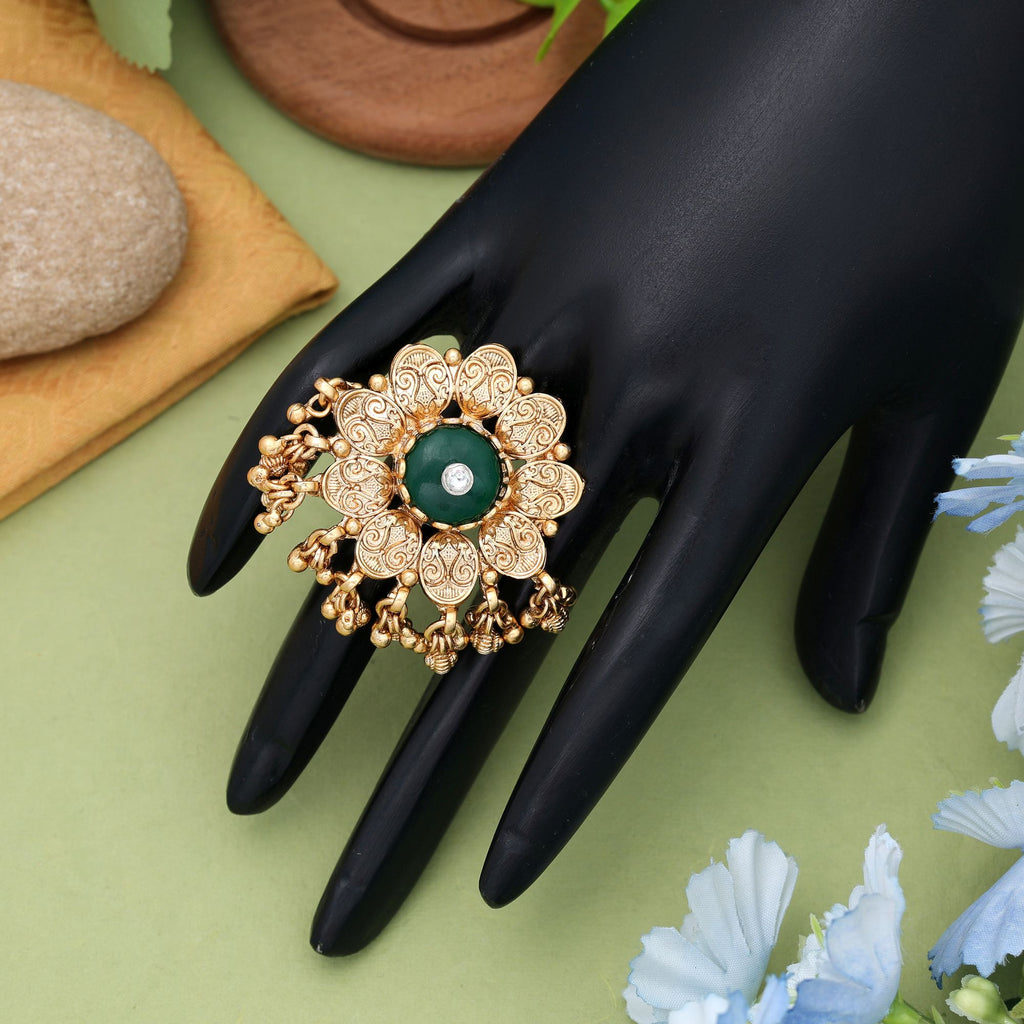 Green Color Matte Gold Rings Traditional Classic Jewelry Design - Green