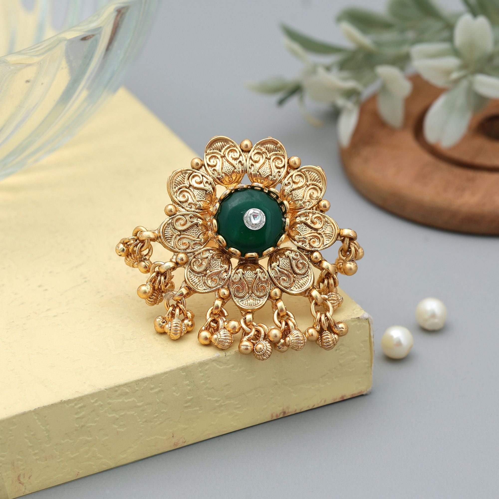 Green Color Matte Gold Rings Traditional Classic Jewelry Design - Green