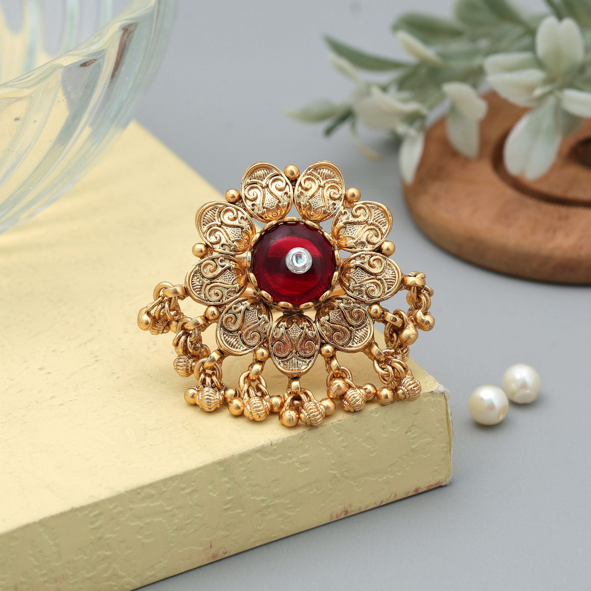 Red Color Matte Gold Rings Stylish Traditional Jewelry Collection - Red